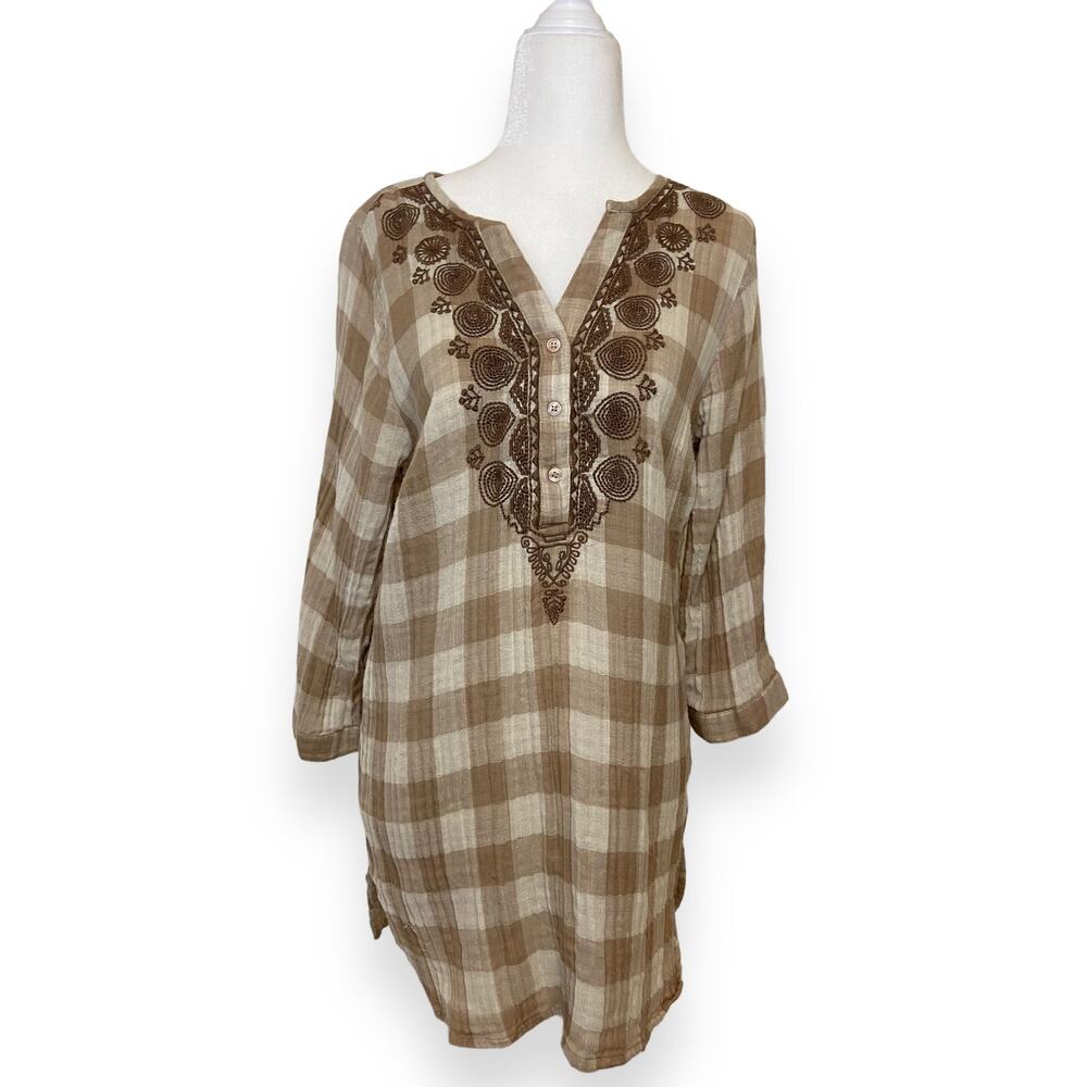 Soft Surroundings Buffalo Check Plaid 3/4 Sleeves Embroidered Blouse